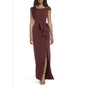 Vince‎ Camuto Burgundy Bow Ruffle Scuba Crepe Gown Dress Bridesmaid Formal Sz 8